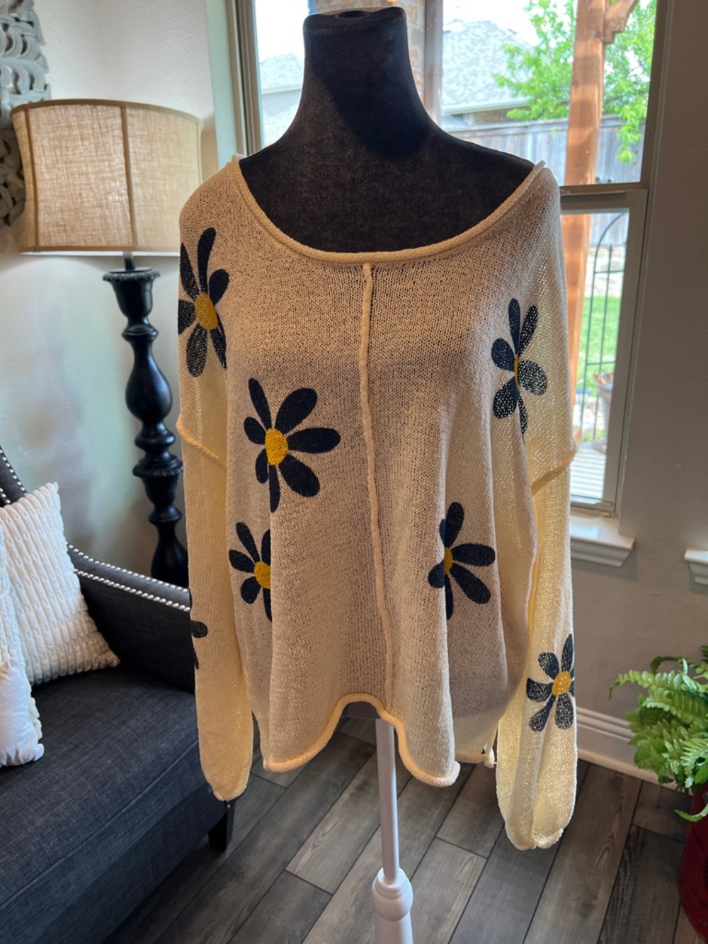 POL Cream Knit Off-Shoulder Sweater with Navy & Yellow Daisy Motifs